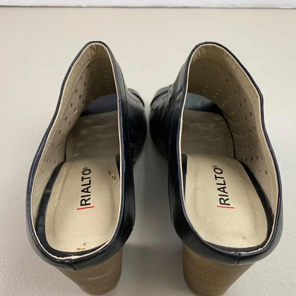 Rialto Chunky Heel Mules Womens 8.5 Black Perforated‎ Leather Sandals Retro Y2K